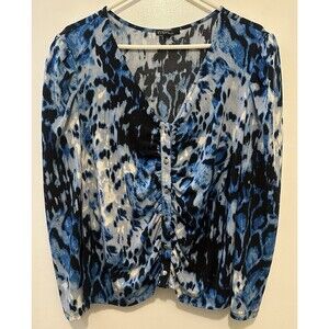 Studio by JPR Blue Abstract Ruched Snap Front Top Women’s L Puff Shoulder